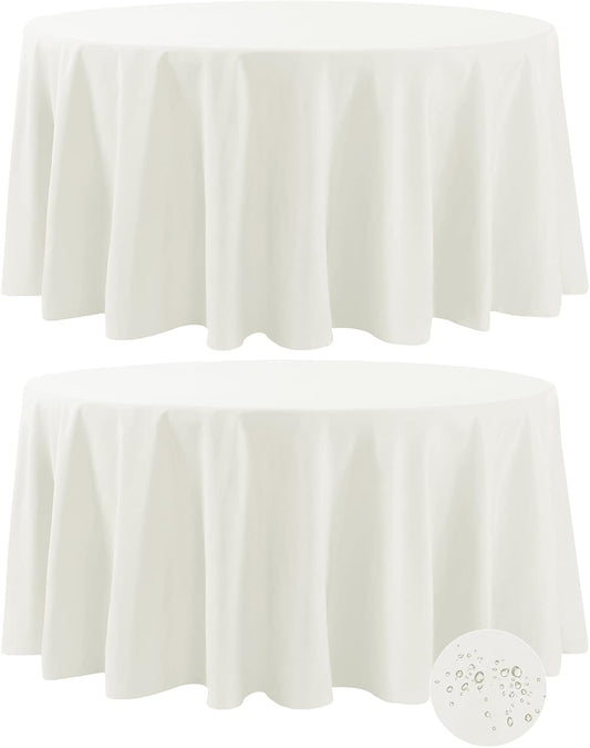 Fokitut 2 Pack Waterproof Round Tablecloth, 132 Inch, Stain Resistant and Wrinkle Polyester Table Cloth, Fabric Table Cover for Kitchen Dining, Wedding, Party, Holiday Dinner-Ivory