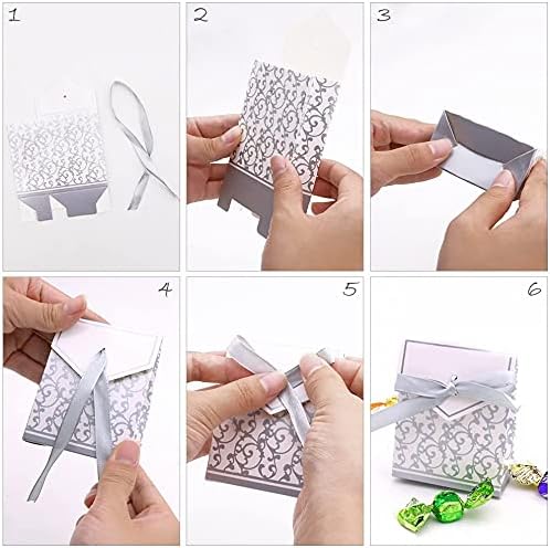 KUPOO 50PCS Candy Boxes,Silver Ribbon Wedding Favor Boxes Candy Bag Cake Box for Wedding Party Decoration Easter (silver)