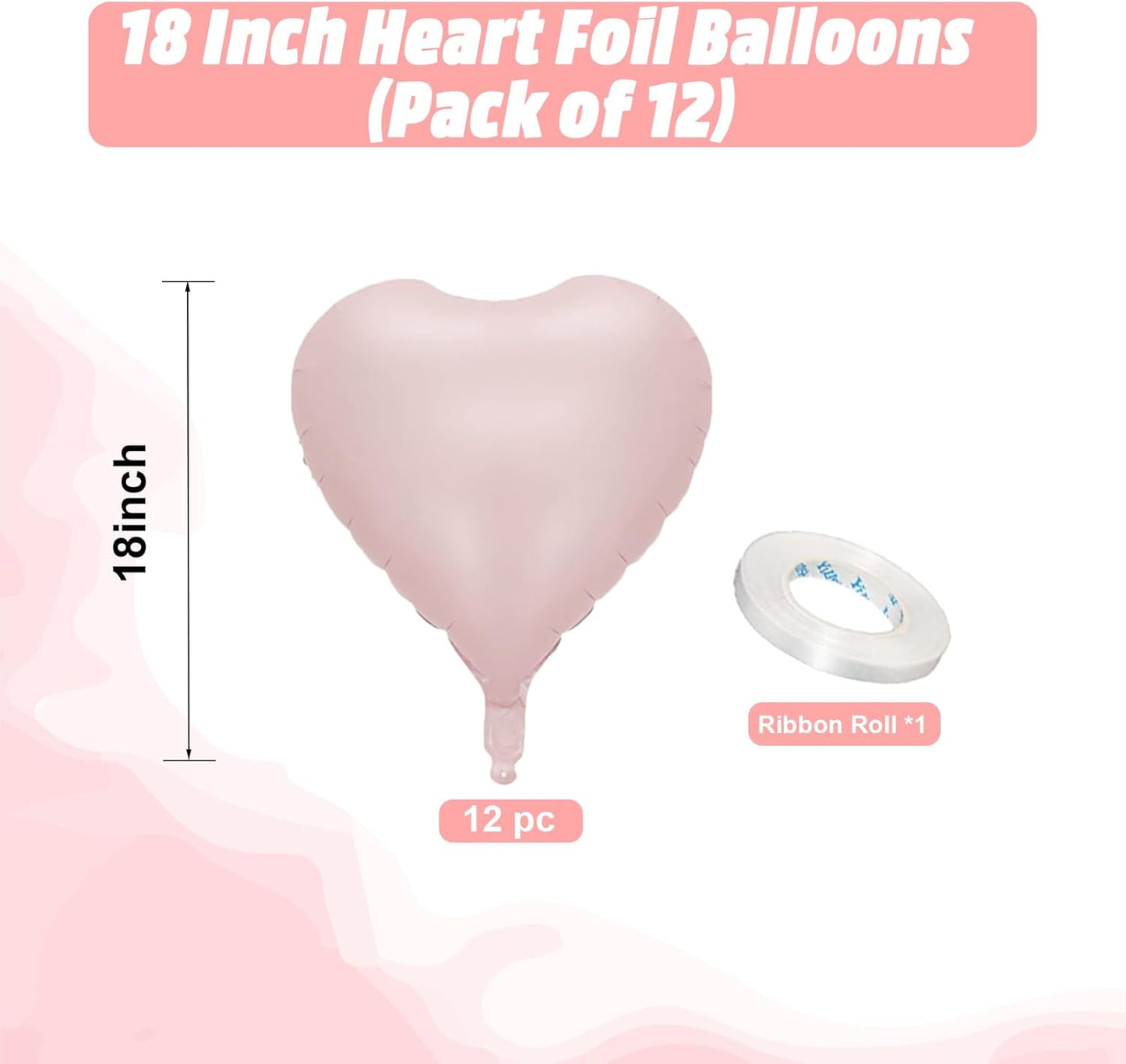 Baby Pink Heart Balloons, 18 Inch Pink Heart Shape Balloon, 12PCS Large Pastel Pink Helium Foil Heart Romantic Balloon for Girls Birthday Wedding Engagement Anniversary Princess Party Decoration