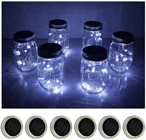 Decorman Solar Mason Jar Lid Lights, 6 Pack 20 LED Waterproof String Fairy Star Firefly Jar Lids Lights for Patio Garden Yard Lawn Party Wedding Christmas Decoration(Jars & Hangers Not Included)