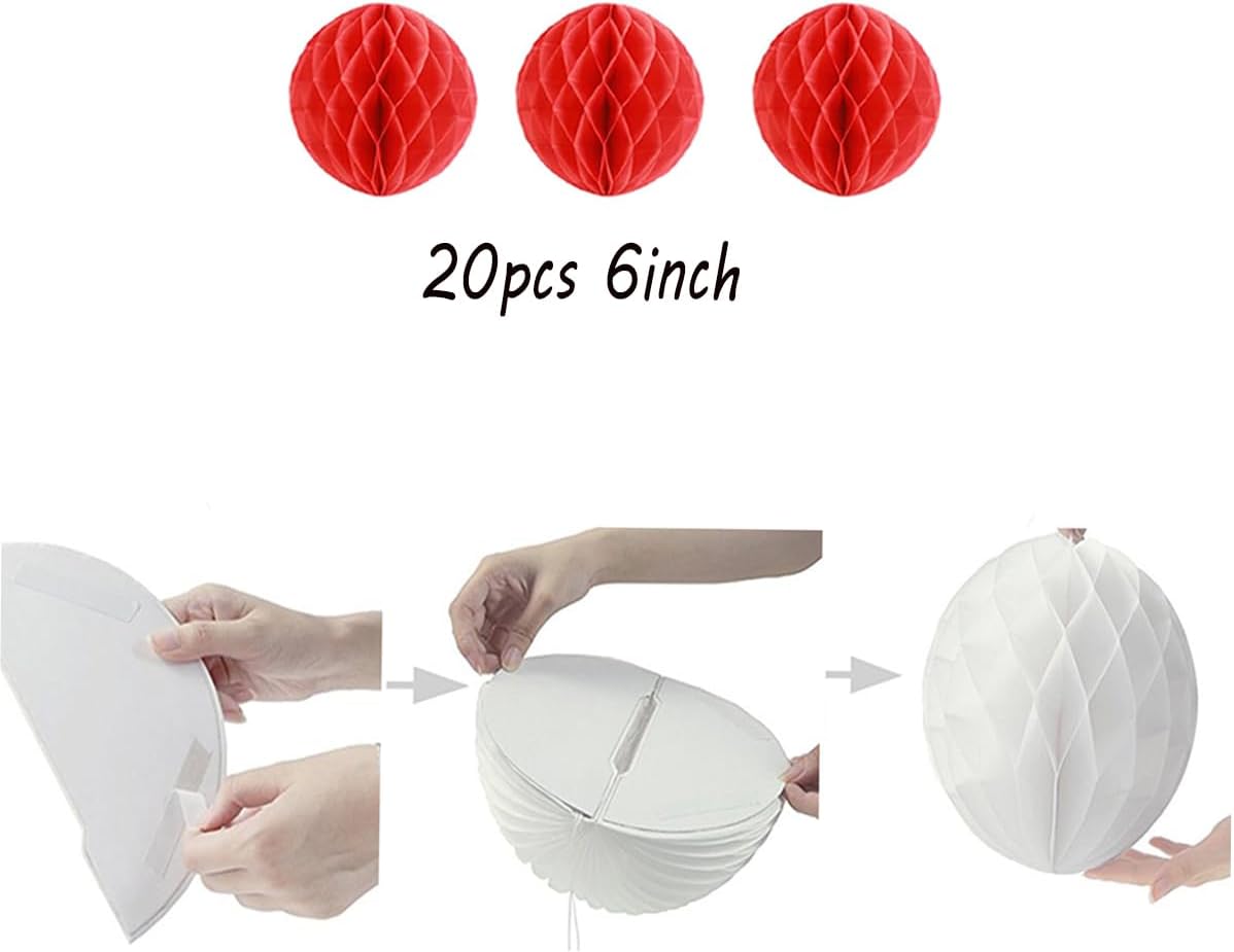 20pcs Honeycomb Flower Balls - Red Tissue Paper Decoration for Birthday, Wedding & Home (6inch)