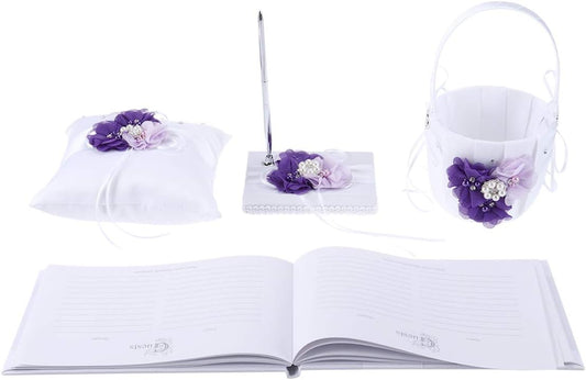 Toyvian 4pcs /Set Ring Bearer Pillow with Pearl Bowknot Flower Girl Basket Wedding Guest Book Table Pen with Pen Holder for Wedding Party Decoration Supplies (Purple Flower)