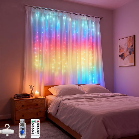 300LED Fairy Curtain Lights, 9.8x9.8Ft Warm White USB Plug in 8 Modes & Timer Christmas String Hanging Lights with Remote for Bedroom Indoor Outdoor Weddings Party Wall Decorations(rainbow)