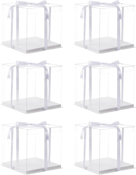 XININSUN 6Pcs clear cake boxes with Ribbon, 6inch cake boxes for Christmas Bakery Treat,Holiday Pastries,Gift Giving-White
