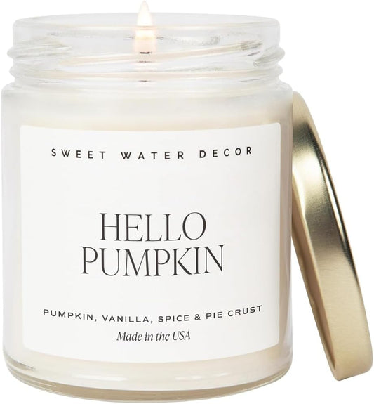 Sweet Water Decor Hello Pumpkin Candle - Fall Soy Candles with Pumpkin, Warm Spices, Vanilla and Buttery Pie Crust - Pumpkin Candles for Home with 40 Hours Burn Time - 9Oz Gold Lid Clear Jar Candle