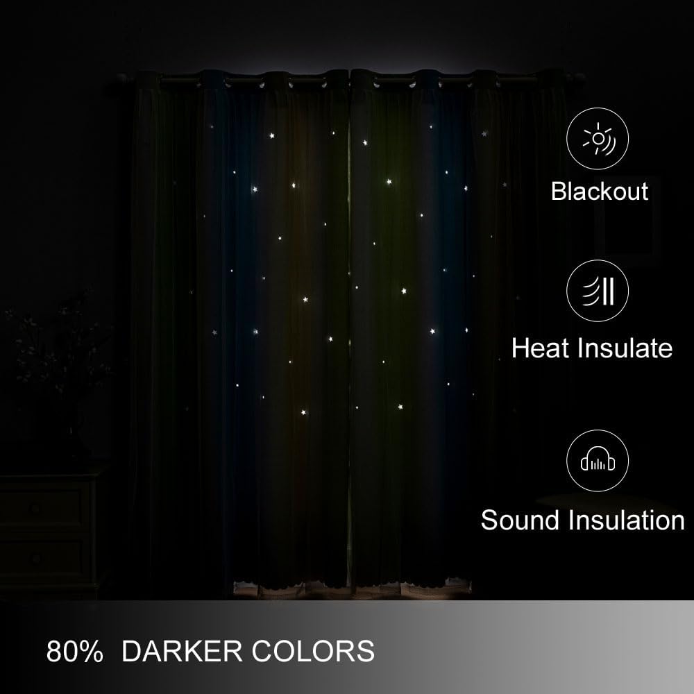 FANLI Ombre Rainbow Blackout Curtains for Kid Girls Bedroom Living Room Darking Stripe Double Layer Star Cut Out Wall Home Decor Gradient Grommet Window Curtains （Blue Green 52Wx72L）