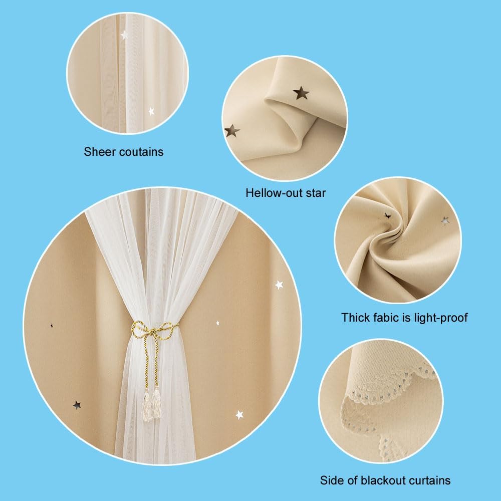 FANLI 2 Panels Star Blackout Curtains for Kid Girls Bedroom Living Room Darking Stripe Double Layer Star Cut Out Wall Home Decor Gradient Grommet Window Curtains (Beige 63L)
