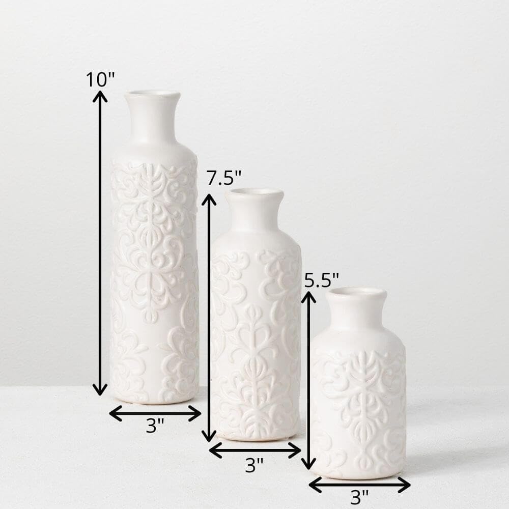 Sullivans Small White Embossed Ceramic Vase Set of 3, Matte Finish, Vases for Decor Modern Home Centerpieces, Mantle Tabletop for Living Room, Bedroom, Kitchen, Entryway Decor