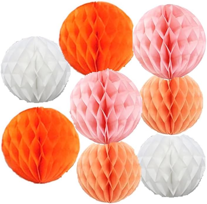 8pc Honeycomb Balls Party Decorations 6'' 8'' Tissue Paper Pom Poms Flower Balls Hanging Paper Honeycomb Balls for Party Baby Shower Birthday Wedding Nursery Wall Decor(6'' 8'' Orange kit)