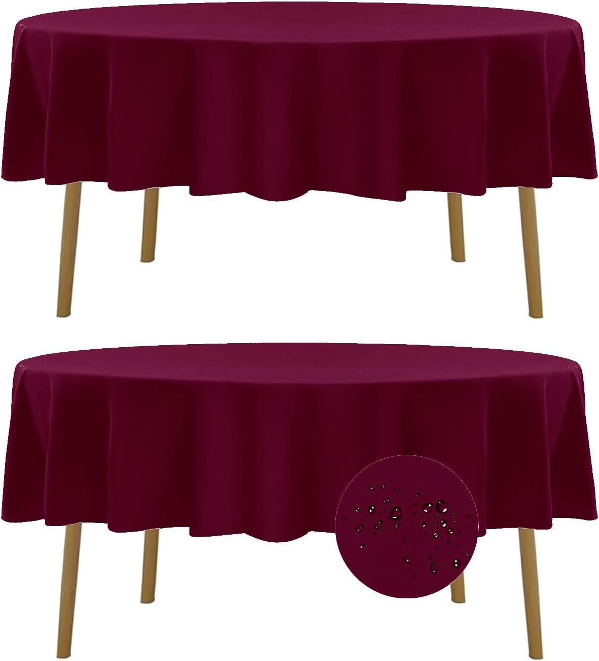 Fokitut 2 Pack Waterproof Round Tablecloth, 70 Inch, Stain Resistant and Wrinkle Polyester Table Cloth, Fabric Table Cover for Kitchen Dining, Wedding, Party, Holiday Dinner-Burgundy