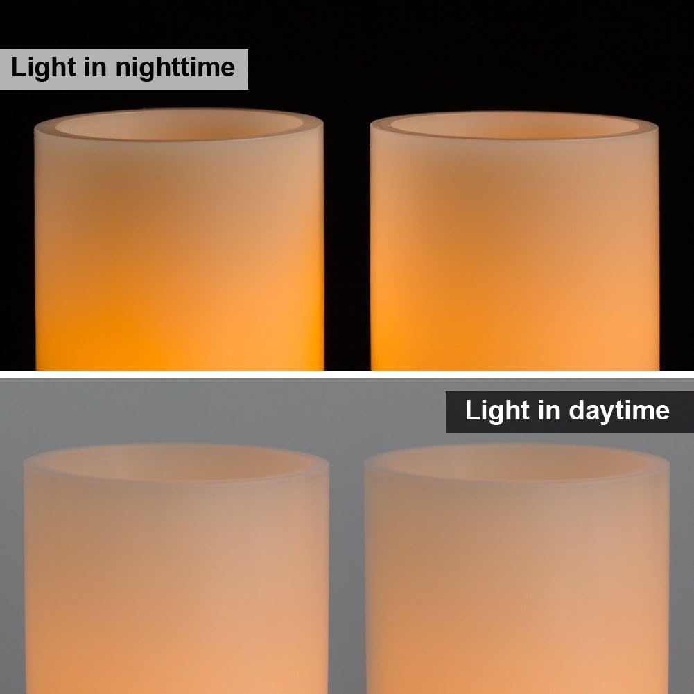 Homemory 5"x3" Wax Flameless Candles, Battery Operated LED Pillar Candles with Remote Control & Timer, Amber Yellow Flickering Light for Party, Wedding, Festival, Ivory, Indoor Only, Set of 2