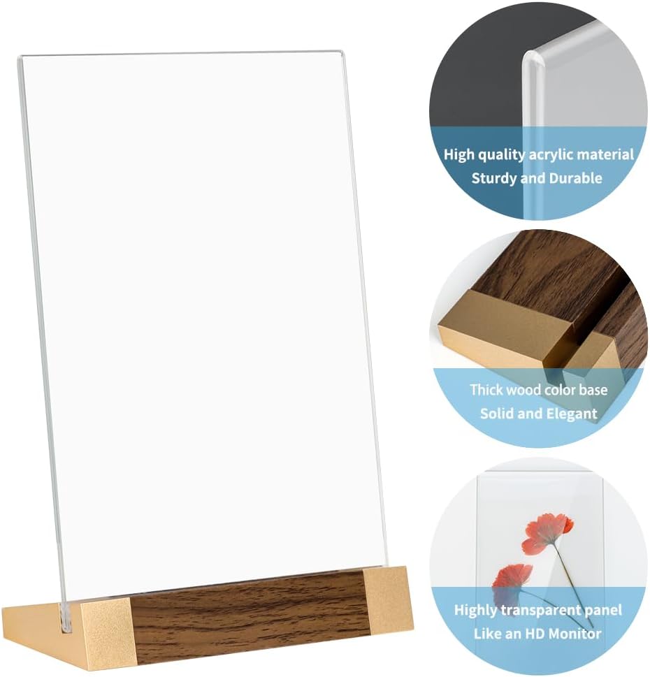 Acrylic Sign Holder 8.5x11 Inch with Wood-Color Base, Tabletop Display Sign Frame Vertical Clear for Store/Coffee Shop/Restaurant Menu Display Hotel/Office Show Exhibitions Holder, 2 Pack L Shape