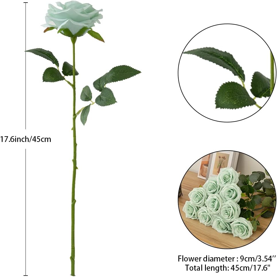 Artificial Rose 10pcs Open Flower Bouquet Sage Green Faux Rose Stems for Wedding Arrangement, Bridal Bouquet, Centerpiece, Fake Faux Silk Flowers
