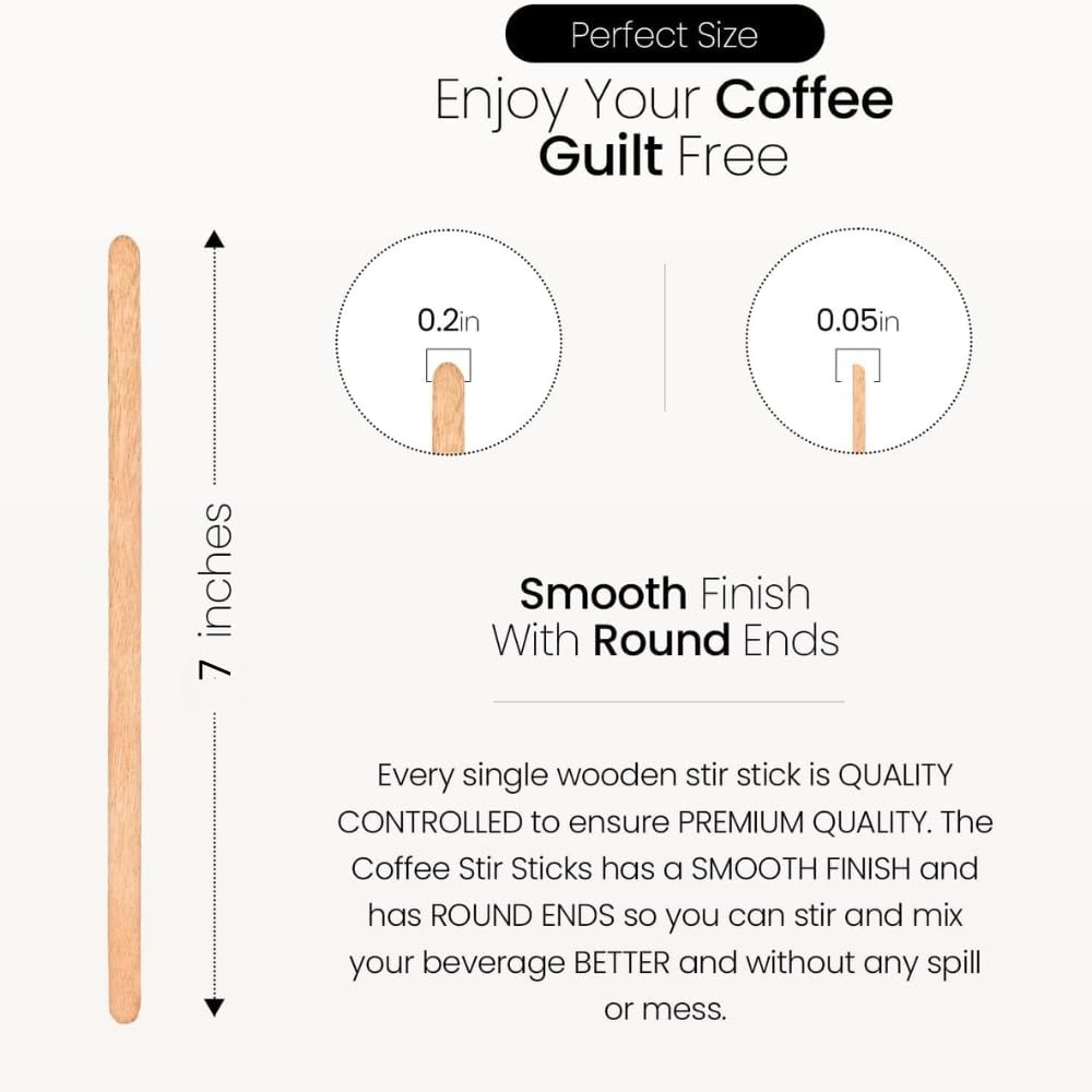 Wooden Coffee Stirrers, 500 Disposable Coffee Stir Sticks, 7-inch Wooden Stir Sticks for Coffee & Cocktails, Swizzle Sticks for Coffee, Round-End Coffee Sticks, Coffee Bar Accessories