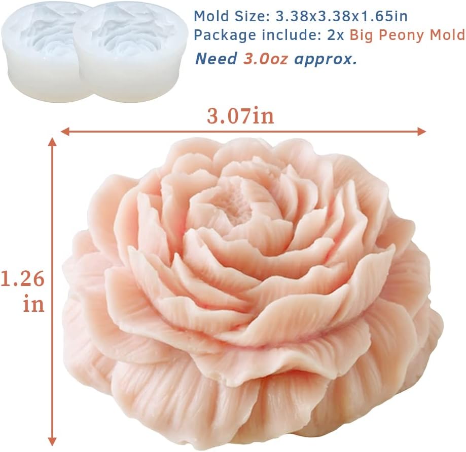 2PCS Peony Flower Silicone Soap Molds 3D Resin Candle Molds Flower Fondant Silicone Mold for Handmade Cake Decoration Cupcake Jelly Candy Chocolate Epoxy Casting Resin Craft