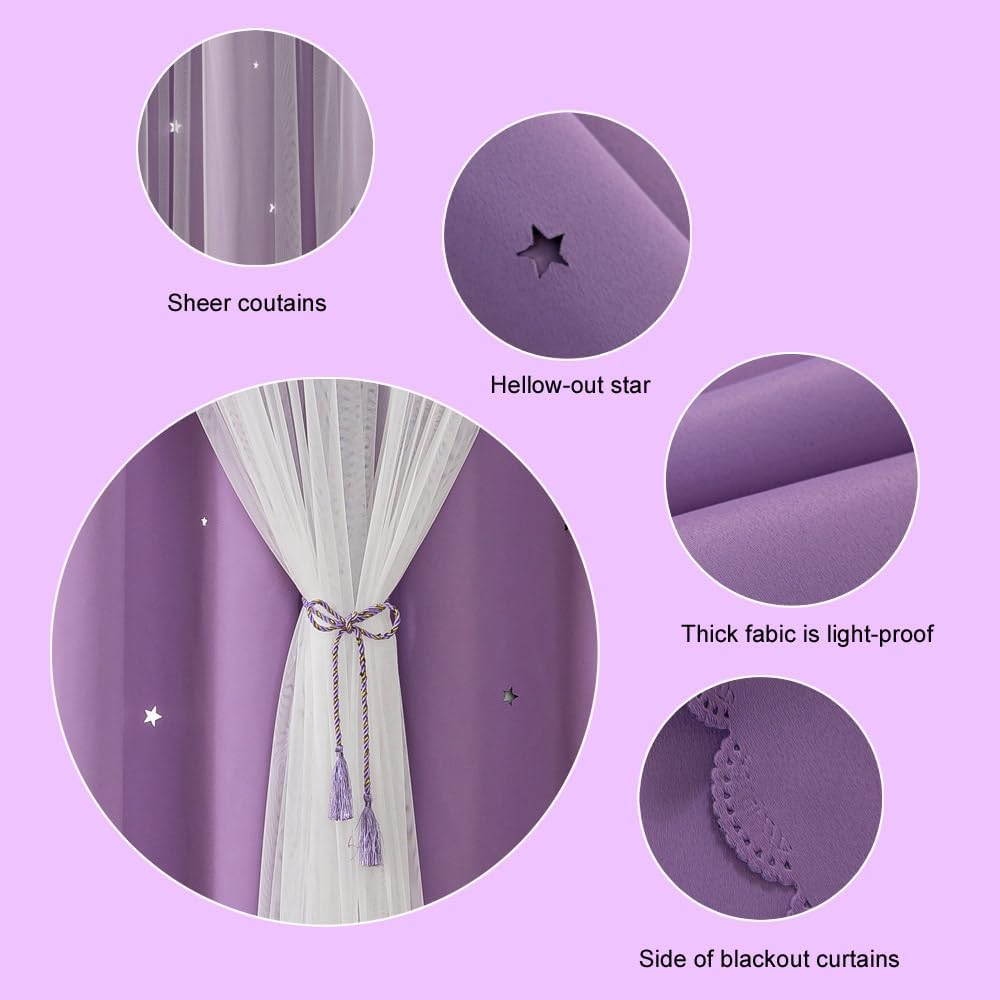 Ombre Rainbow Blackout Curtains for Kid Girls Bedroom Living Room Darking Stripe Double Layer Star Cut Out Wall Home Decor Gradient Grommet Window Curtains (Purple 72L)