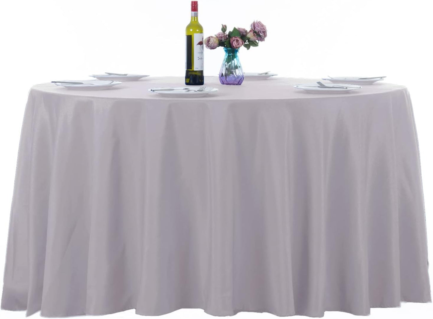 Ascoza 2pack 132 Inch Silver Round Tablecloth in Washable Polyester Fabric for Wedding/Banquet/Restaurant/Parties