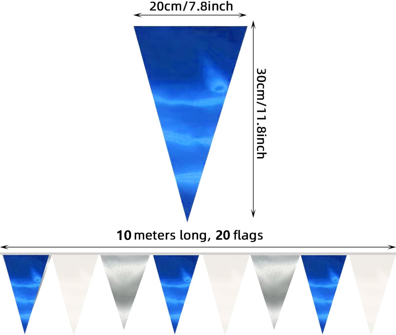 65FT Navy Blue White Silver Triangle Pennant Banner Flag Metallic Fabric Bunting Garland for Christmas Graduation Birthday Wedding Bridal Shower Nautical Ahoy Achor Theme Party Decorations Supplies