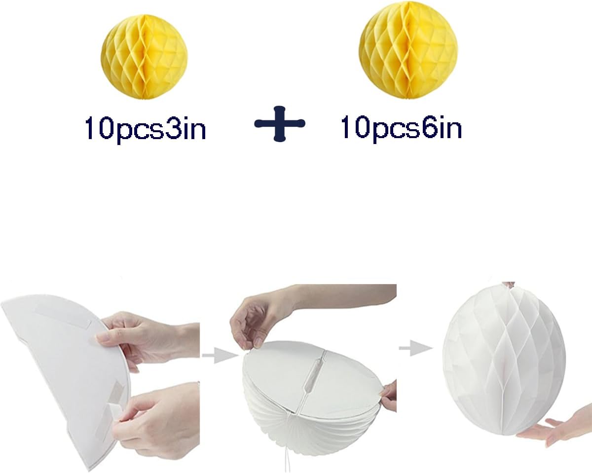 20pcs Honeycomb Flower Balls - Party Decoration Paper Flower Balls Tissue Paper Pom Poms for Birthday Wedding Home Decor (3inch+6inch, Yellow)