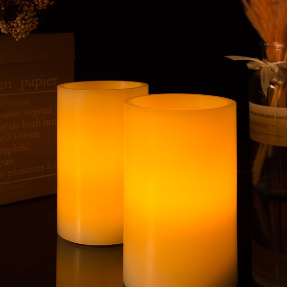 Homemory 5"x3" Wax Flameless Candles, Battery Operated LED Pillar Candles with Remote Control & Timer, Amber Yellow Flickering Light for Party, Wedding, Festival, Ivory, Indoor Only, Set of 2