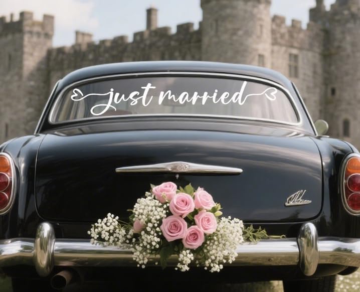 Just Married Car Decal – Wedding Bumper Sticker for Newlyweds, Unique Wedding Car Decoration (28 x 4.7 Inch)