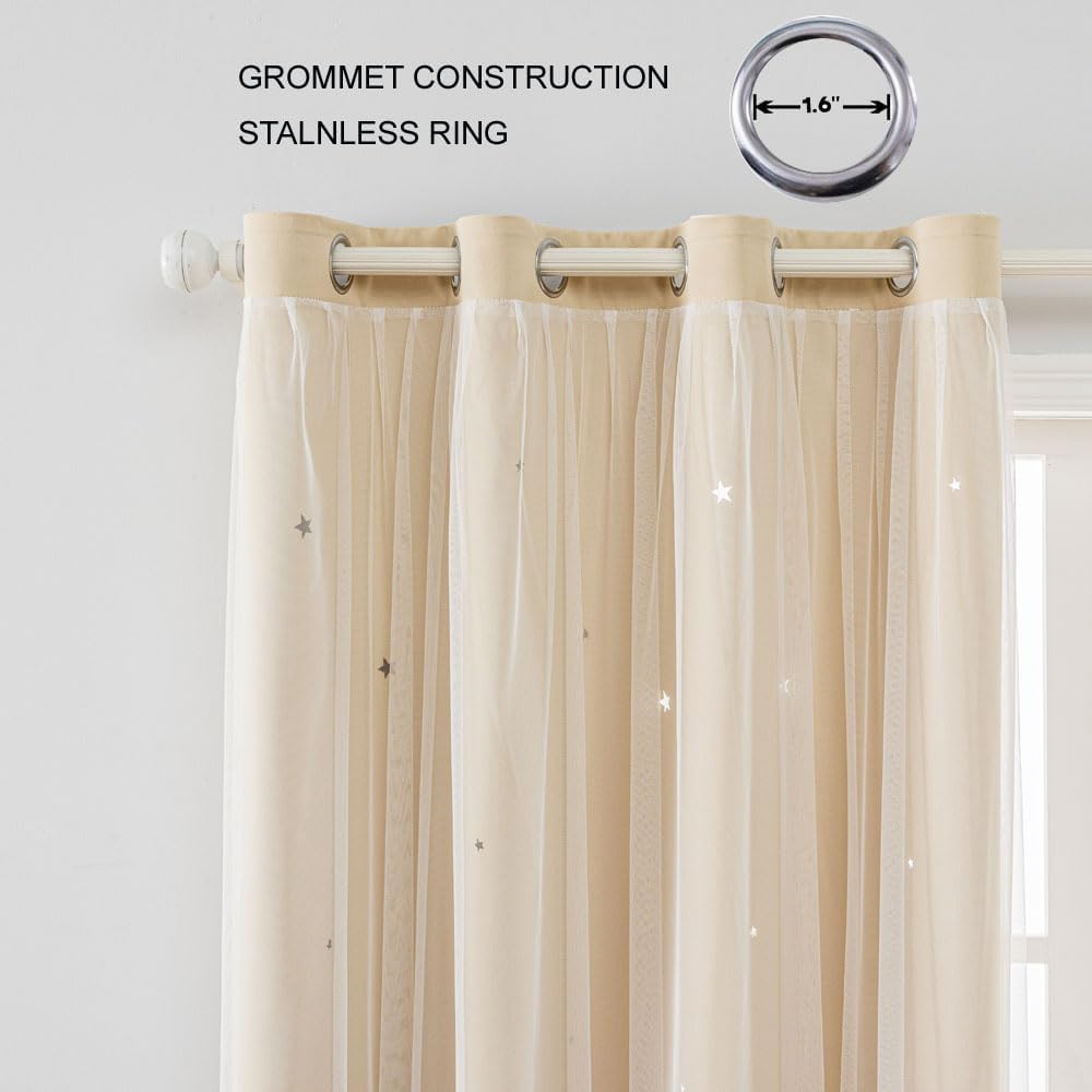 FANLI 2 Panels Star Blackout Curtains for Kid Girls Bedroom Living Room Darking Stripe Double Layer Star Cut Out Wall Home Decor Gradient Grommet Window Curtains (Beige 95L)