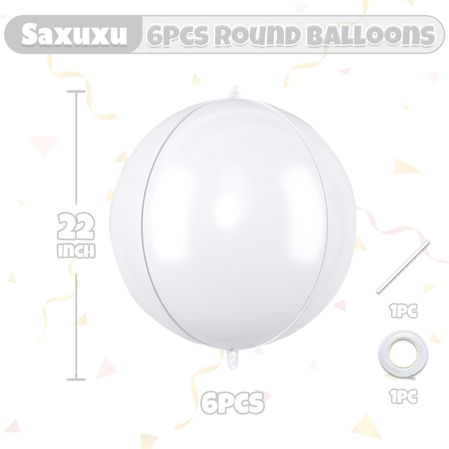 Giant 4D Foil Balloons, 6Pcs Large Metallic White Round Balloons, 22 Inch Big Round Foil Balloon for White Birthday Party Baby Shower Wedding Decorations