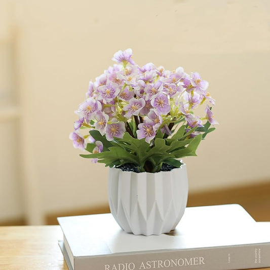 Artificial Flower Arrangement in Modern White Geometric Vase, Decorative Floral (Purple)