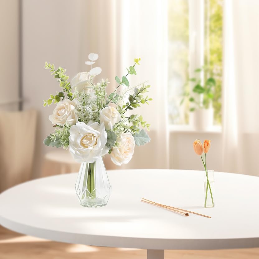 Artificial Flowers with Vase,White Silk Roses and Fake Plant Eucalyptus in Vase,Faux Flower Arrangement with Vase Suitable for Home Office Decoration, Living Room and Dining Table Centerpiece