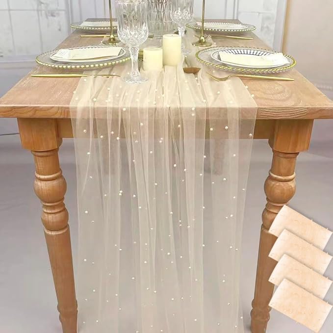 EHLDekol Pearl Table Cloth Elegant Polyester Table Runner with Artificial Pearl Accents Extra Long 10 ft 60 x 120 Inches Pearl Tulle Table Runner for Wedding (60inch Width,Champagne, 4Packs)