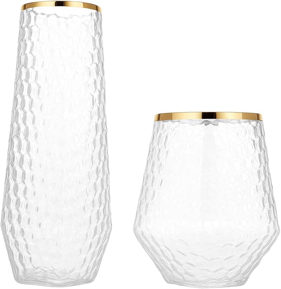 48 Pack Ribbed Origami Ripple Plastic Glasses 24 9oz Stemless Champagne Flutes & 24 12oz Cups BPA-Free, Disposable, Shatterproof Drinkware for Weddings, Bars, Events (Hammered Diamond Gold Rim)