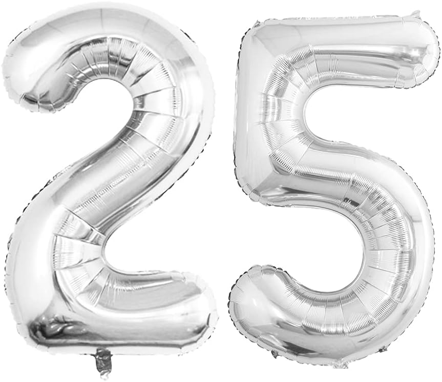 GOER Number 25 Balloons for 25th Birthday Party Decorations,42 Inch Jumbo Foil Helium 52 Balloons for 52nd Birthday Party Decoration (Silver)