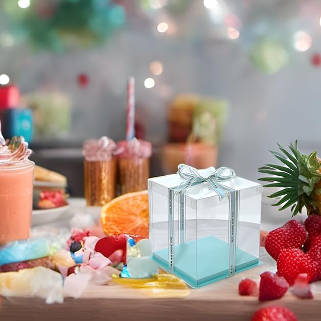 XININSUN clear cake box with ribbon,10inch 12inch cake boxes,transparent tall cake box cake carrier,Square Cardboard Cake Containers clear gift box for Wedding,Birthday,Party(6pcs-green)