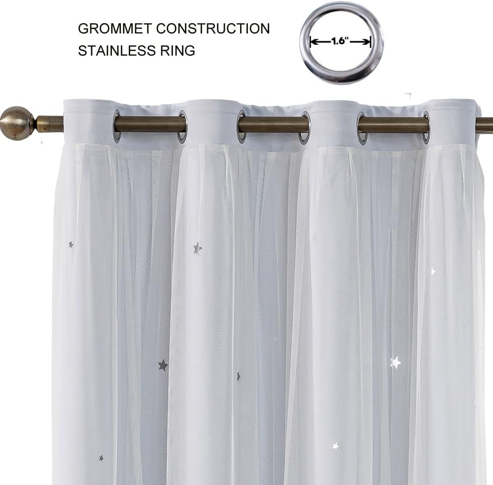 Ombre Rainbow Blackout Curtains for Kid Girls Bedroom Living Room Darking Stripe Double Layer Star Cut Out Wall Home Decor Gradient Grommet Window Curtains (Greywish White 84)