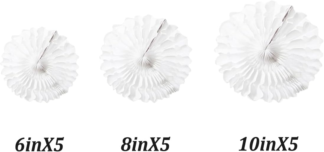 15pcs White Paper Fans Decorations - 6'', 8'', 10'' Round Tissue Honeycomb Set for Party, Birthday, Wedding Events