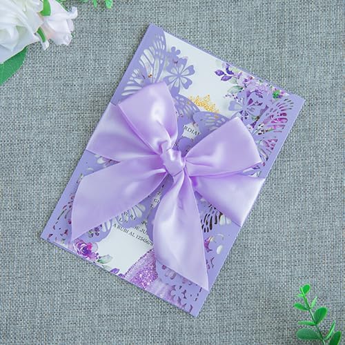 20 PCS 5.12x7.2 Butterfly Personalized Quinceanera Invitation, Customized XV Anos Laser Cut Invitation Cards with Envelopes (Violet Personalized)