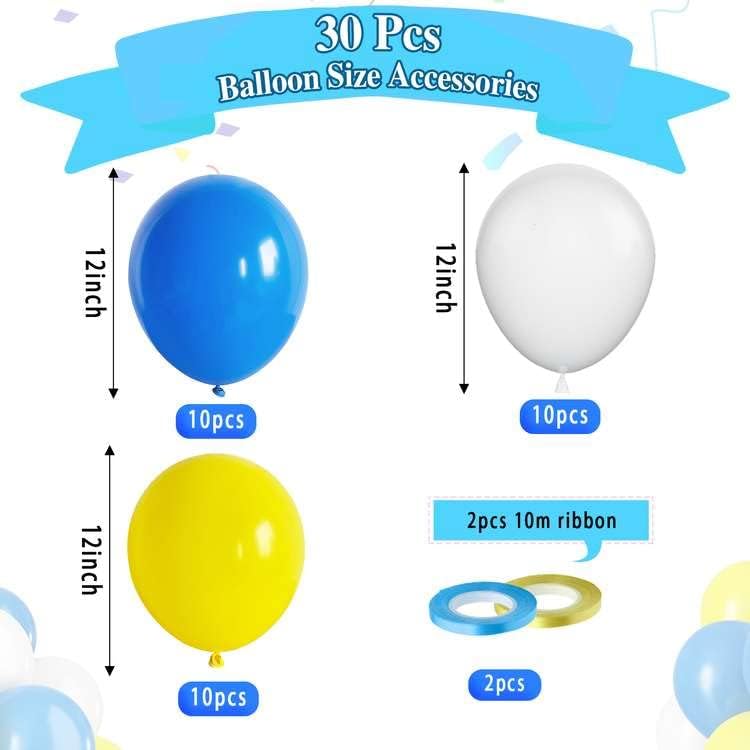 Paready Blue and Yellow Balloons, 30 Pcs 12 Inch Matte Yellow Blue and White Latex Balloons with Ribbons for Birthday Baby Shower Engagement Anniversary Bridal Shower Party Graduation Decoration