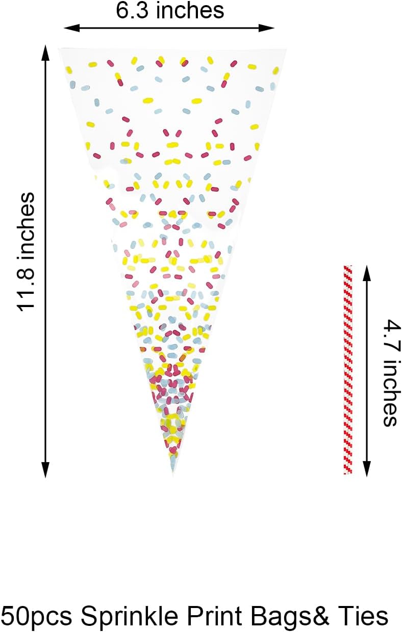 EKAPACKAGING 50Pcs 6.3x11.8 Inches Sprinkle Print Cone Shaped Treat Cellophane Bags Twist Tie Triangle Christmas Party Favor Cotton Candy Bags With Ties For Popcorn, Chocolates, Ice Cream Cone