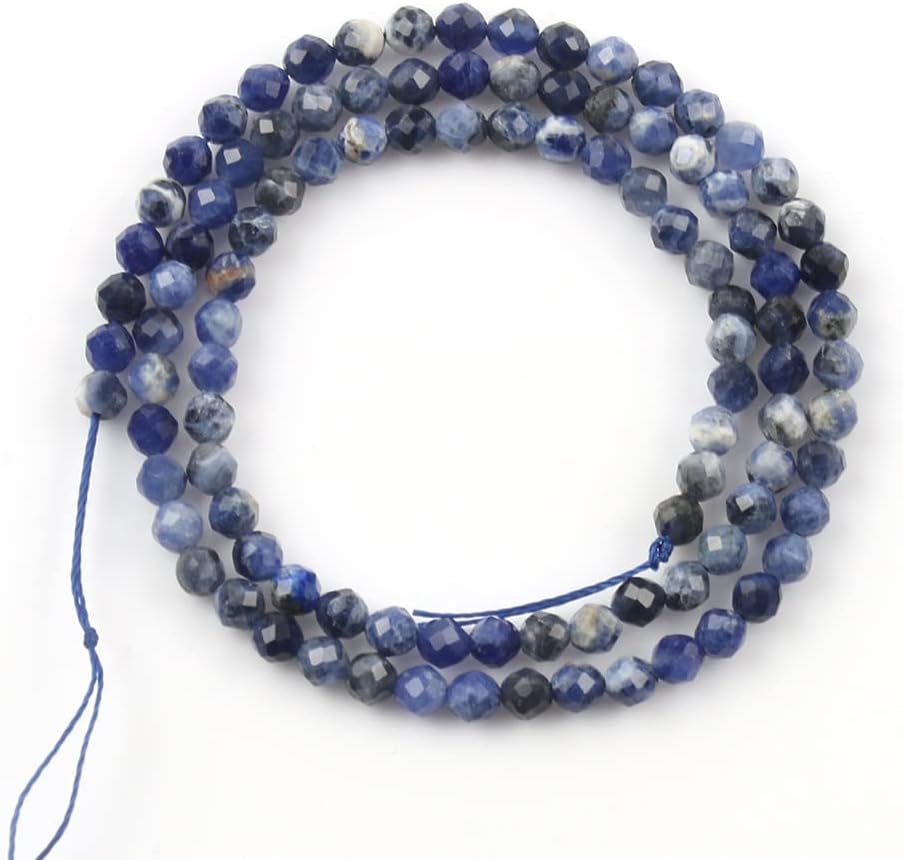 Song Xi 90pcs 4mm Natural Old Blue Sodalite Gemstone Beads Faceted Round Loose Stone Beads for Jewelry Making