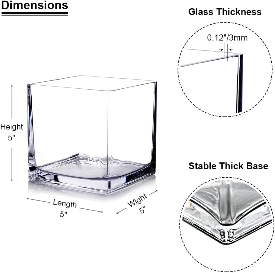 EnovaFloral Cube Glass Vase, 5x5 Inch Square Glass Vase - Floating Candle Holder for Wedding Centerpieces and Home Office Decor