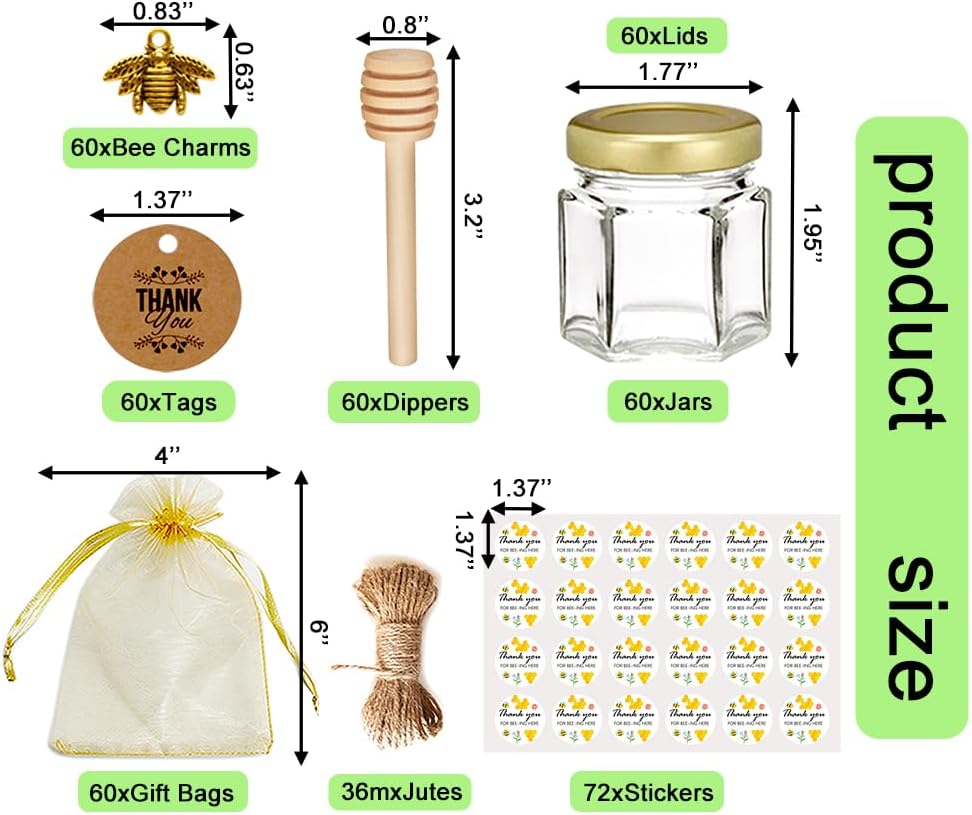 Adabocute 60 Pack Mini Honey Jars with Dipper - Honey Pot with Gold Lid, Bee Pendants, Jutes, Gift Bags and Stickers - For Baby Shower Wedding Favors