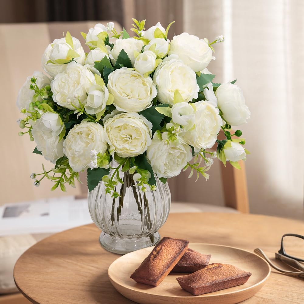 Artificial Peonies Silk Flowers in Glass Vase Faux Flowers Bouquets Modern Penoy Arrangement 4 Pack for Home Decoration Table Centerpiece (White)