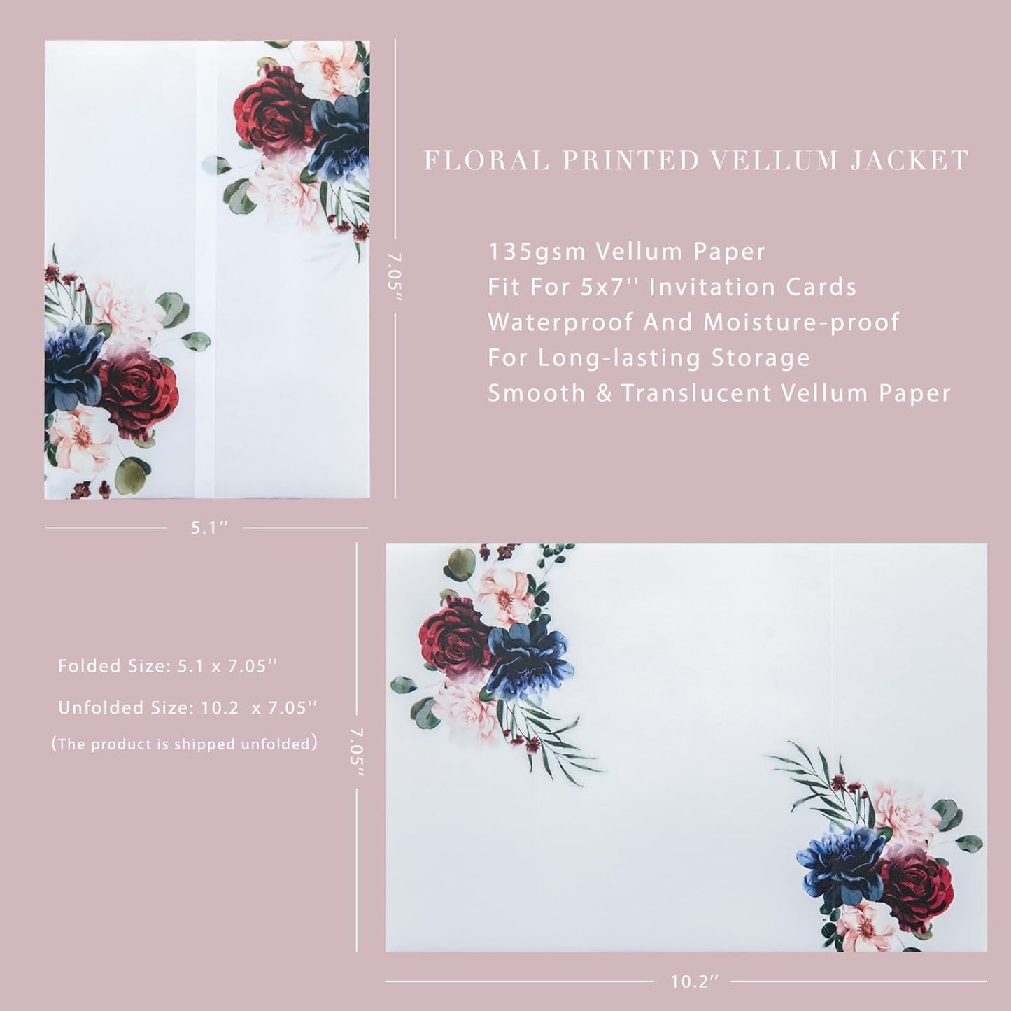 PONATIA 50 PCS 135gsm Vellum Jackets for 5x7 Invitation Cards - Burgundy and Navy Blue Flowers Printed Vellum Sleeves, Wedding Invitation Cards Wraps, Transparent Christmas Gift Cards Jackets