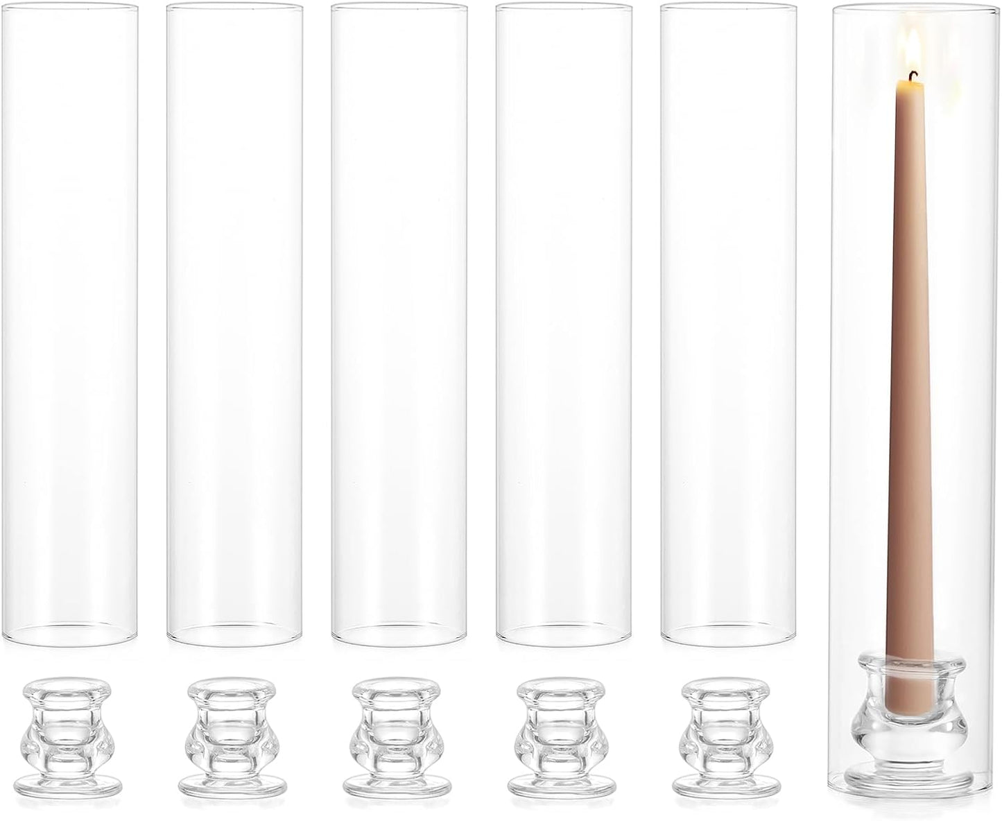 NUPTIO Candle Stick Candle Holder: Set of 6 Glass Hurricane Taper Candleholder - Bulk Candlestick Stand with Tall Cylinder Chimney for Thanksgiving Christmas Holiday Table Decoration
