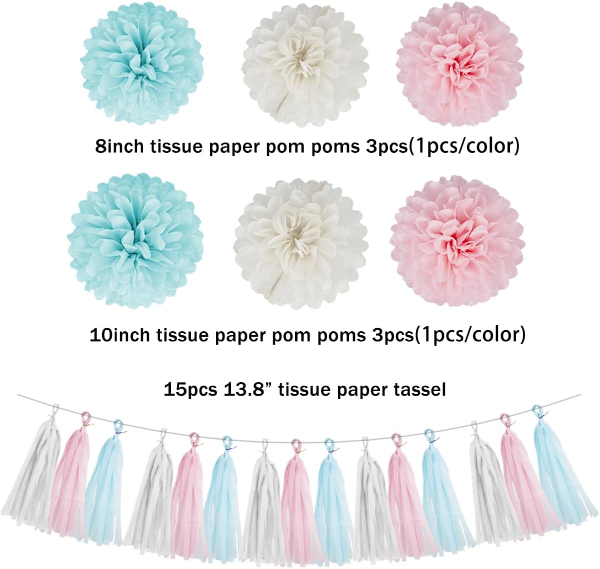 Gender Reveal Decorations Blue Pink - 23pcs Tissue Paper Flowers Pom Poms Banner Tassel Garland Streamers Baby Gender Reveal Theme Decor White Birthday Hanging Decor Ideas Supplies