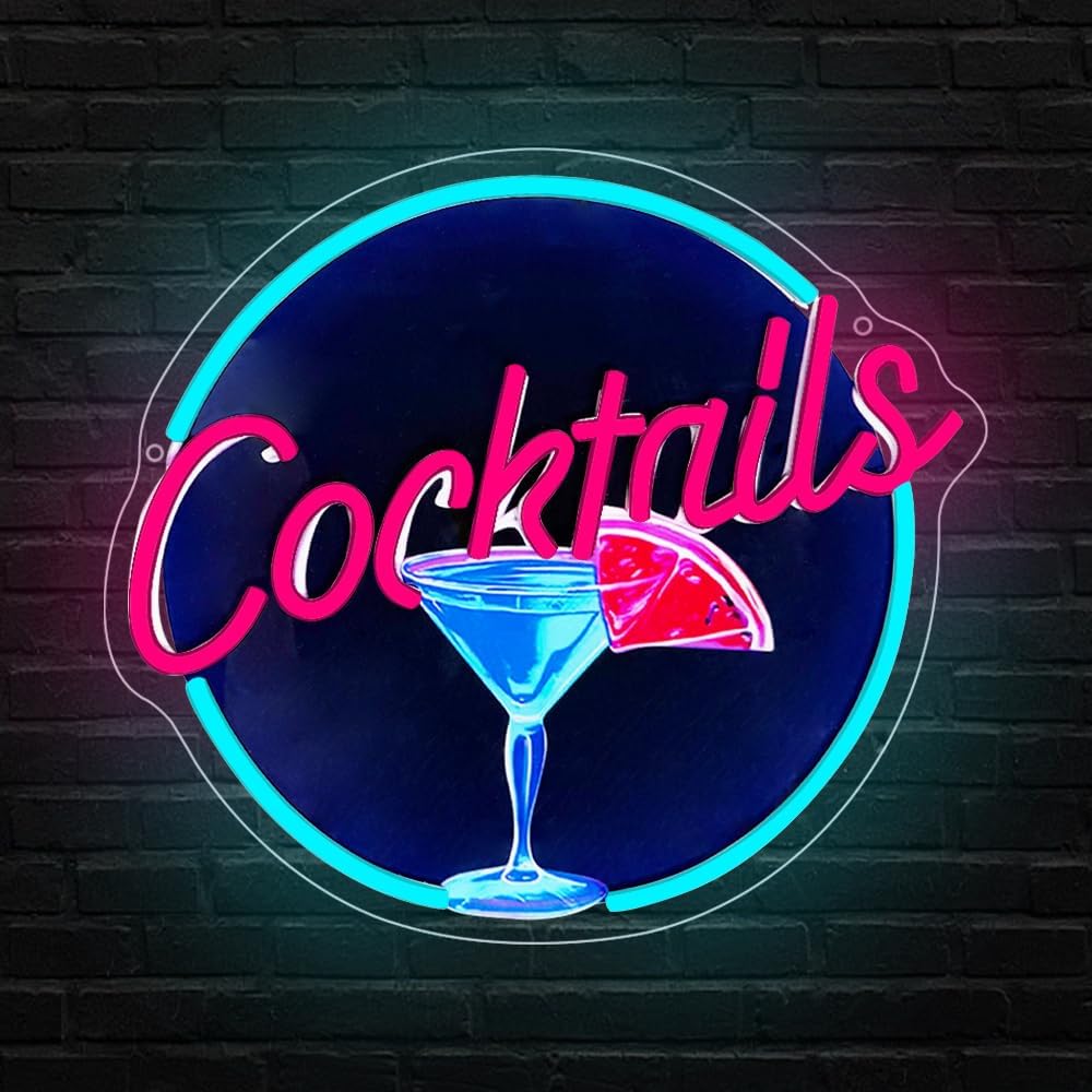 Cocktails Neon Signs for Wall Decor,UV Print Cocktails Glass LED Neon Light Up Sign for Beer Bar Art Wall Lights,Bar Party,Pub,Night Club,Man Cave Decor,Adjustable Brightness