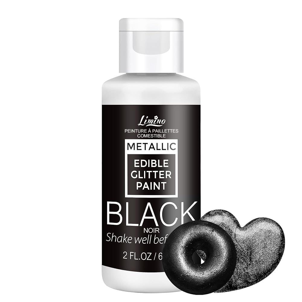 Edible Glitter Paint - 2 fl.oz Food Grade Metallic Glitter Cake Paint for Cake Decorating, Baking, Cupcakes - Shimmer Art Decorative Liquid Edible Paint Food Coloring for Fondant, Donuts (Black)