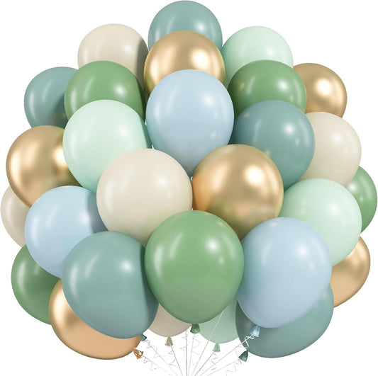 Dusty Blue Green Balloons, 60 Pcs 12 Inch Haze Fog Blue Sage Green Balloons with Sand White Metallic Gold Balloon for Boho Baby Shower Wedding Birthday Engagement Bridal Shower Party Decoration