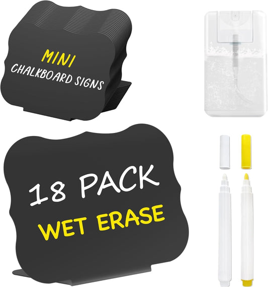 PigPotParty 18 Pcs Food Labels for Party Buffet w/Cleaning Spray, 4"x3" Mini Chalkboard Signs Include 2 Liquid Chalk Markers for Food Display - Food Tags- Table Palce Card (Waved Shape)