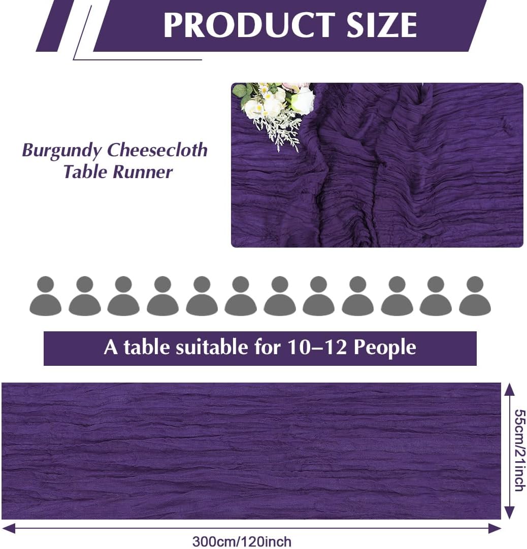Purple Cheesecloth Table Runner -21*120Inch Long Boho Wedding Table Decor, Rustic Gauze Fabric Runner for Bridal Showers, Baby Showers & Parties (Sheer, Lightweight, Wrinkled Design)